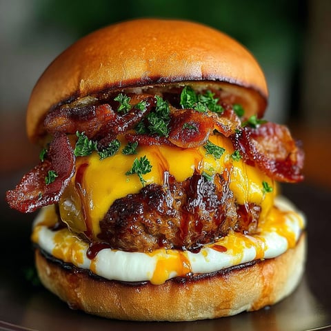 A close up of a bacon cheeseburger with meatballs.