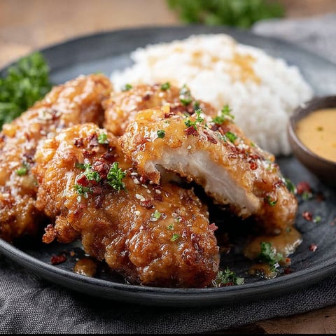A plate of bang bang chicken with rice.