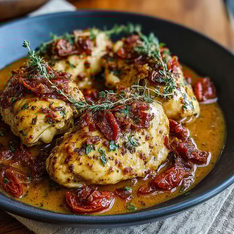 A bowl of chicken with red peppers and herbs.