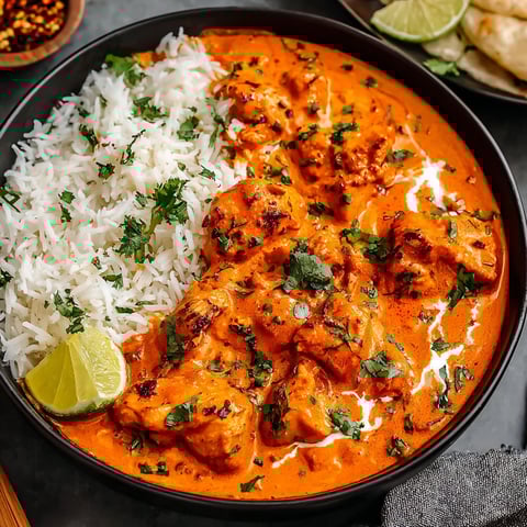 A bowl of slow cooker butter chicken with rice and lime.
