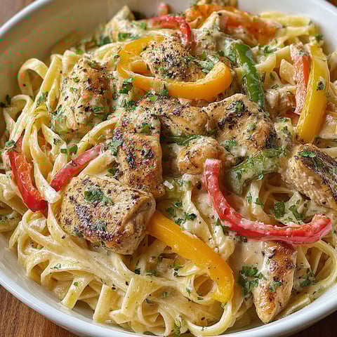A bowl of pasta with chicken and peppers.