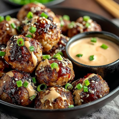 A bowl of meatballs with spicy mayo dip.