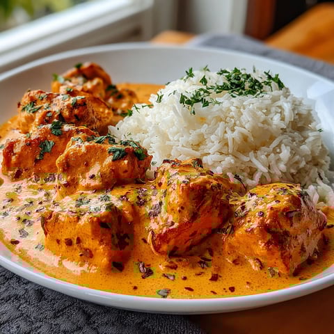 A plate of chicken tikka masala with rice.