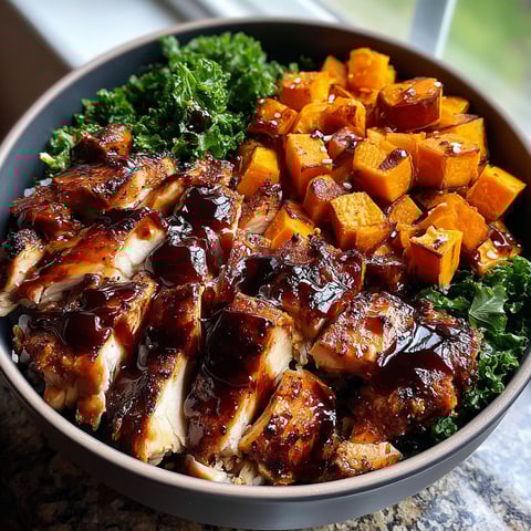 A bowl of BBQ chicken and sweet potatoes.