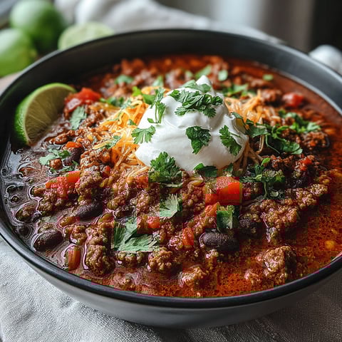 A bowl of chili with a dollop of sour cream on top.