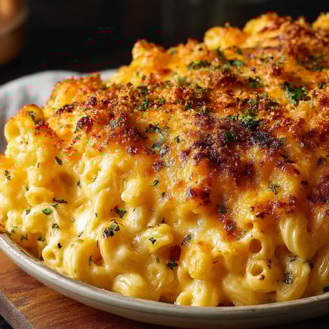 A baked mac and cheese dish with a golden brown crust.