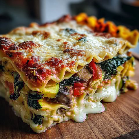 A close up of a delicious lasagna with mushrooms and spinach.