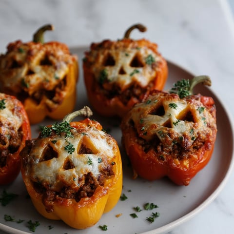 A plate of stuffed bell peppers with cheese and meat filling.