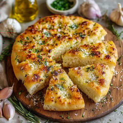 A slice of garlic Parmesan focaccia bread.