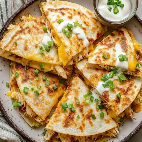 A plate of chicken quesadillas with white cheese and green onions.
