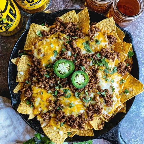 A plate of nachos with cheese and meat.