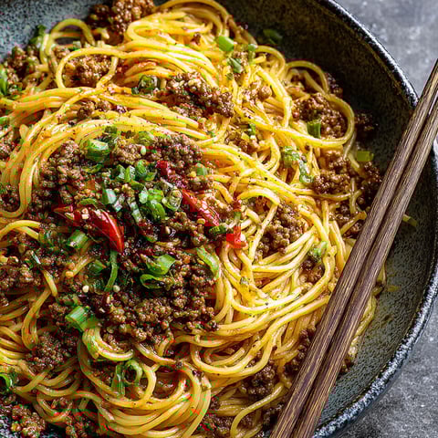 A bowl of Asian ground beef noodles.