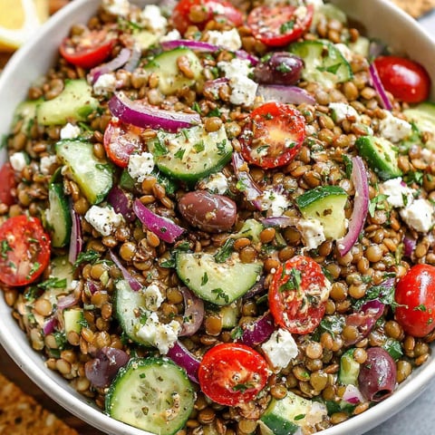 A bowl of lentil salad with cucumbers, tomatoes, and feta cheese.