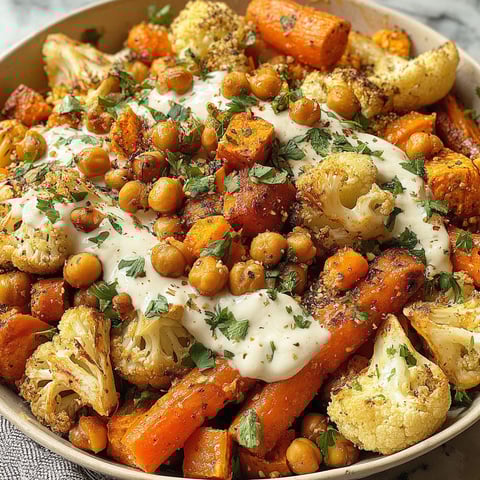 A bowl of roasted vegetables with a tahini yogurt sauce.