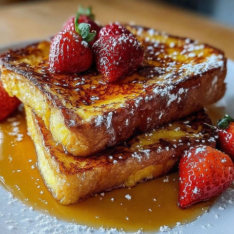 French toast with strawberries and powdered sugar.