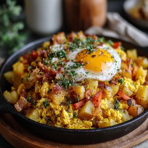 A delicious potato egg scramble with a fried egg on top.