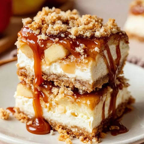 A stack of caramel apple cheesecake bars.