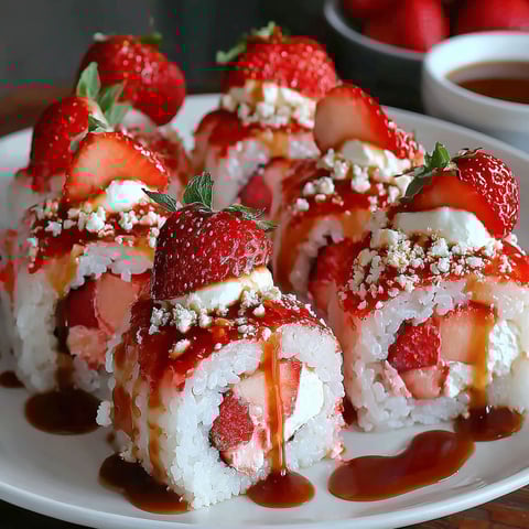 A plate of sushi rolls with strawberries on top.