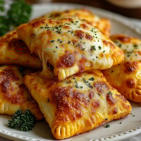 A plate of homemade Easy Cheesy Pizza Pockets.