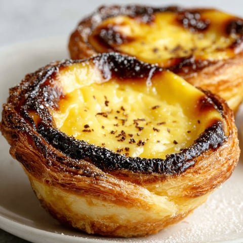 Two pastel de nata tarts on a plate.