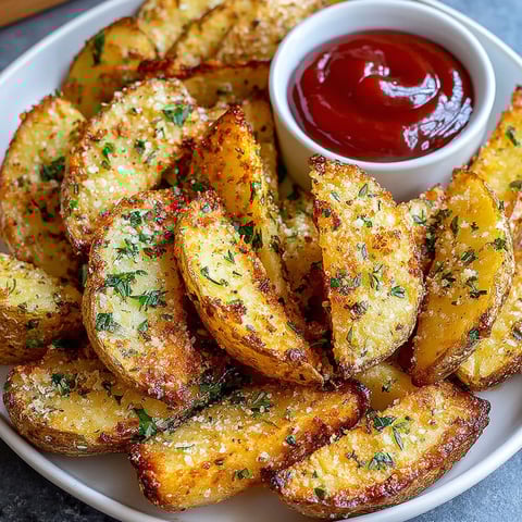 A plate of crispy potato wedges with ketchup.