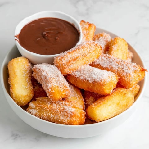 A bowl of churro bites with chocolate sauce.