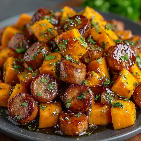 A plate of sausage and sweet potatoes with honey garlic sauce.
