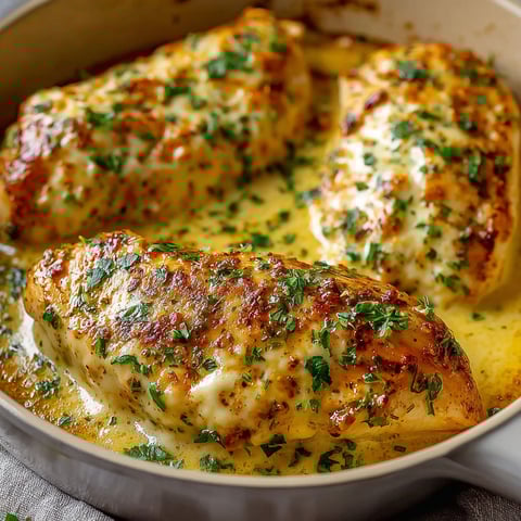 A pan of chicken with herbs and cheese.