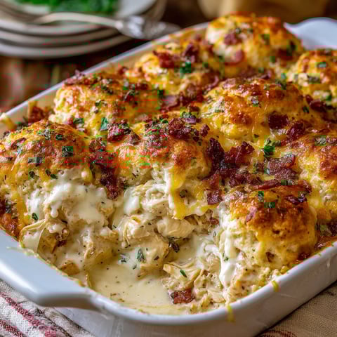 A dish of chicken bubble biscuit bake casserole.