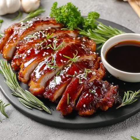 A plate of char siu chicken with sauce.
