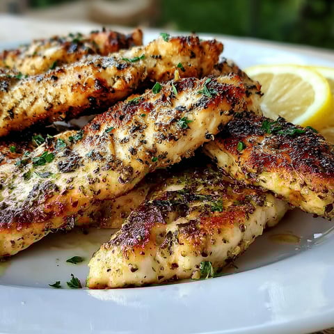 A plate of grilled chicken with lemon wedges on the side.