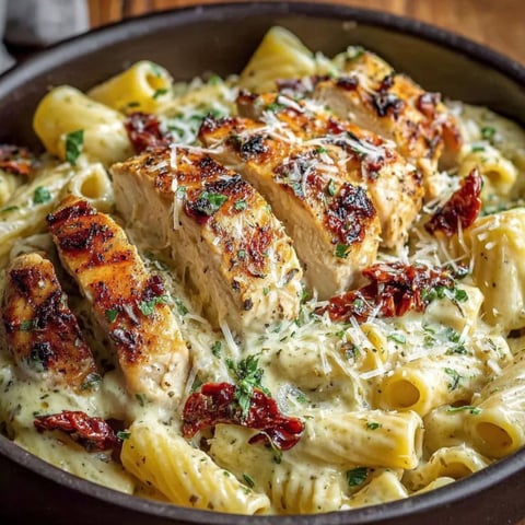A delicious pasta dish with chicken and cheese.