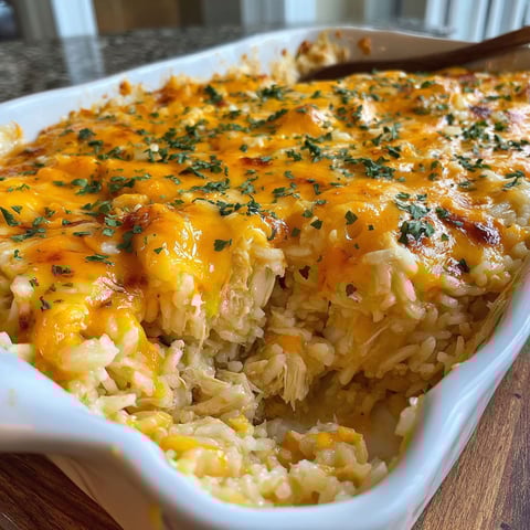 A casserole dish filled with rice and cheese.