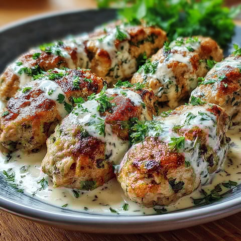 A plate of chicken kofta with garlic yogurt sauce.