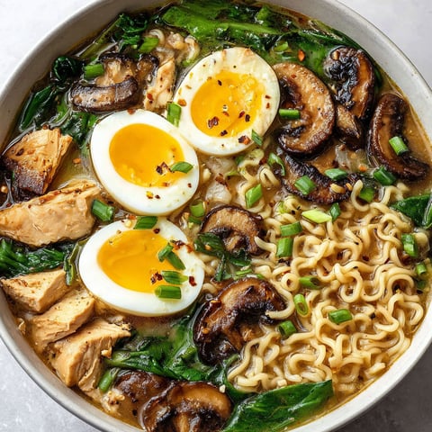 A bowl of homemade ramen with eggs, mushrooms, and noodles.