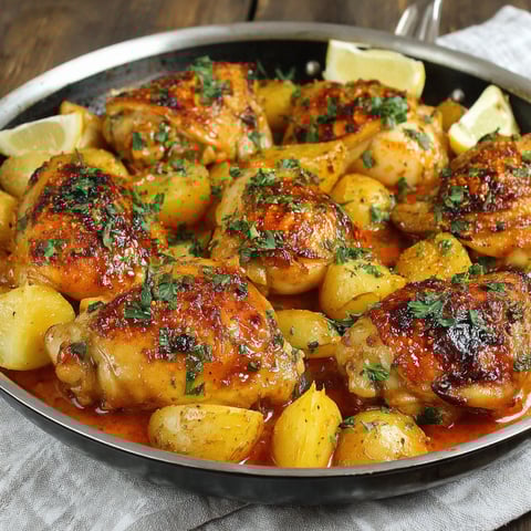 A pan of chicken and potatoes.