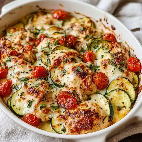A delicious Mediterranean Chicken Zucchini Bake.