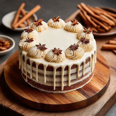 A brown sugar chai cake with white frosting.