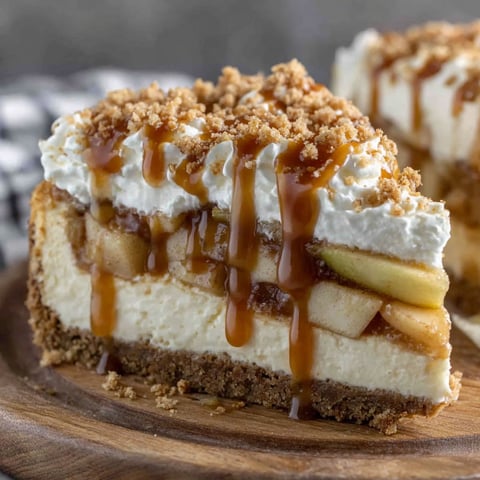 A slice of cheesecake with caramel drizzled on top.