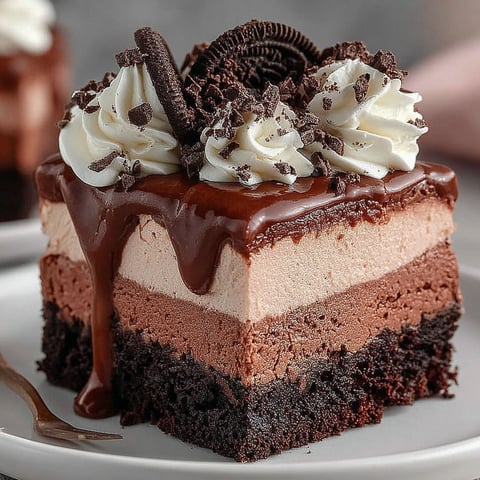A slice of chocolate mousse brownies on a plate.
