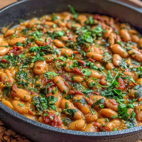 A pan of beans with green leaves on top.
