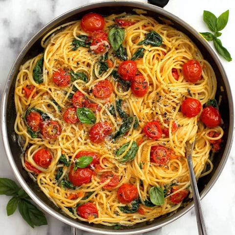 A pan of pasta with tomatoes and spinach.