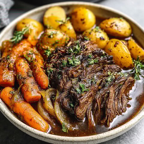 A meal of pot roast, carrots, and potatoes.