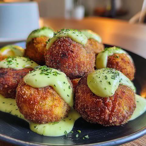 A plate of salmon balls with creamy avocado sauce.
