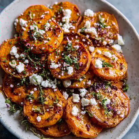 A plate of roasted sweet potatoes with feta cheese and honey.