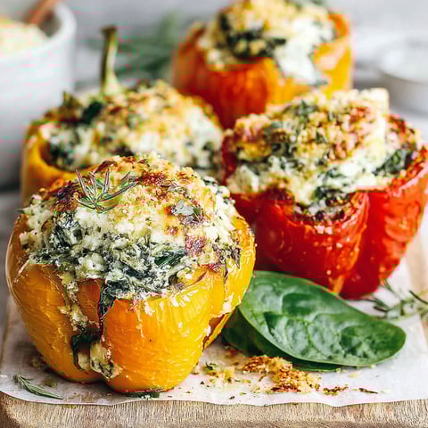 Three herby ricotta stuffed peppers on a wooden cutting board.