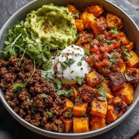 A bowl of food with sweet potatoes and other ingredients.