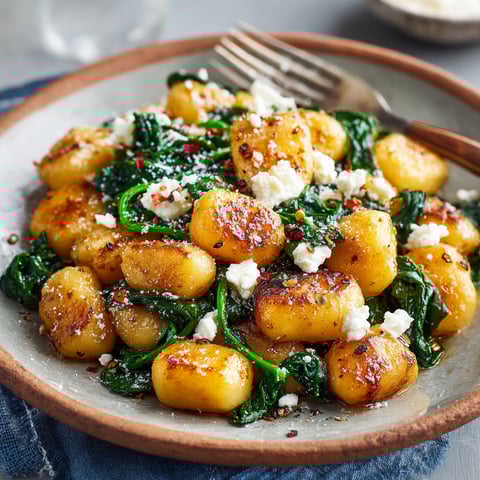 A plate of crispy gnocchi with spinach and feta.