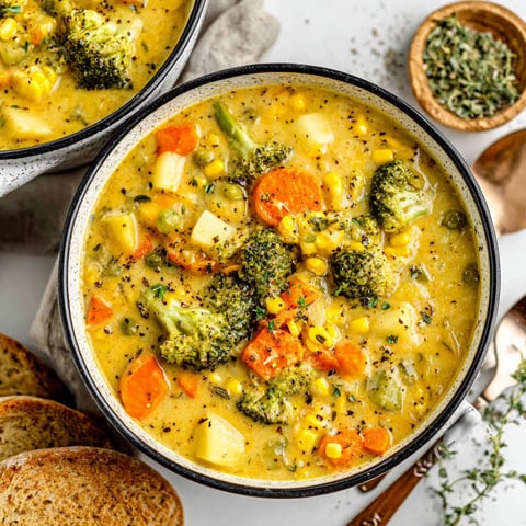 A bowl of soup with broccoli and carrots.