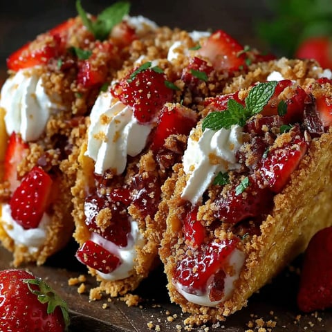 A close up of a strawberry crunch cheesecake taco.